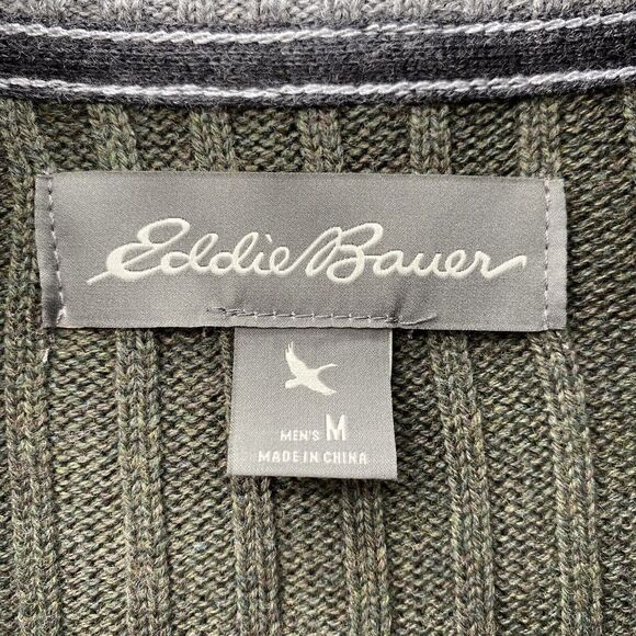 Eddie Bauer Sweater Mens Medium Military Green Cardigan Knit Full Zip Dad Casual - Picture 4 of 9
